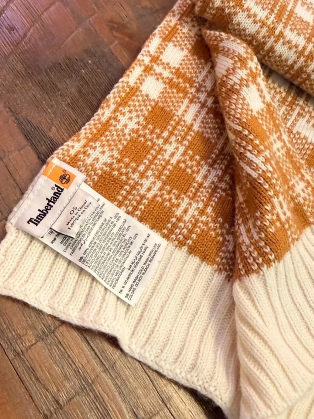 Timberland Plaid Knit Scarf Tan Cream Logo Patch Winter Unisex 60”